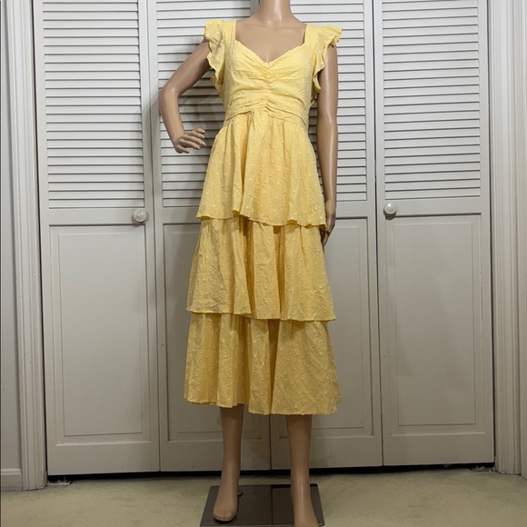 NWT Lulus Charming Decision Yellow Swiss Dot Ruched Tiered Midi Dress XL - Picture 5 of 15